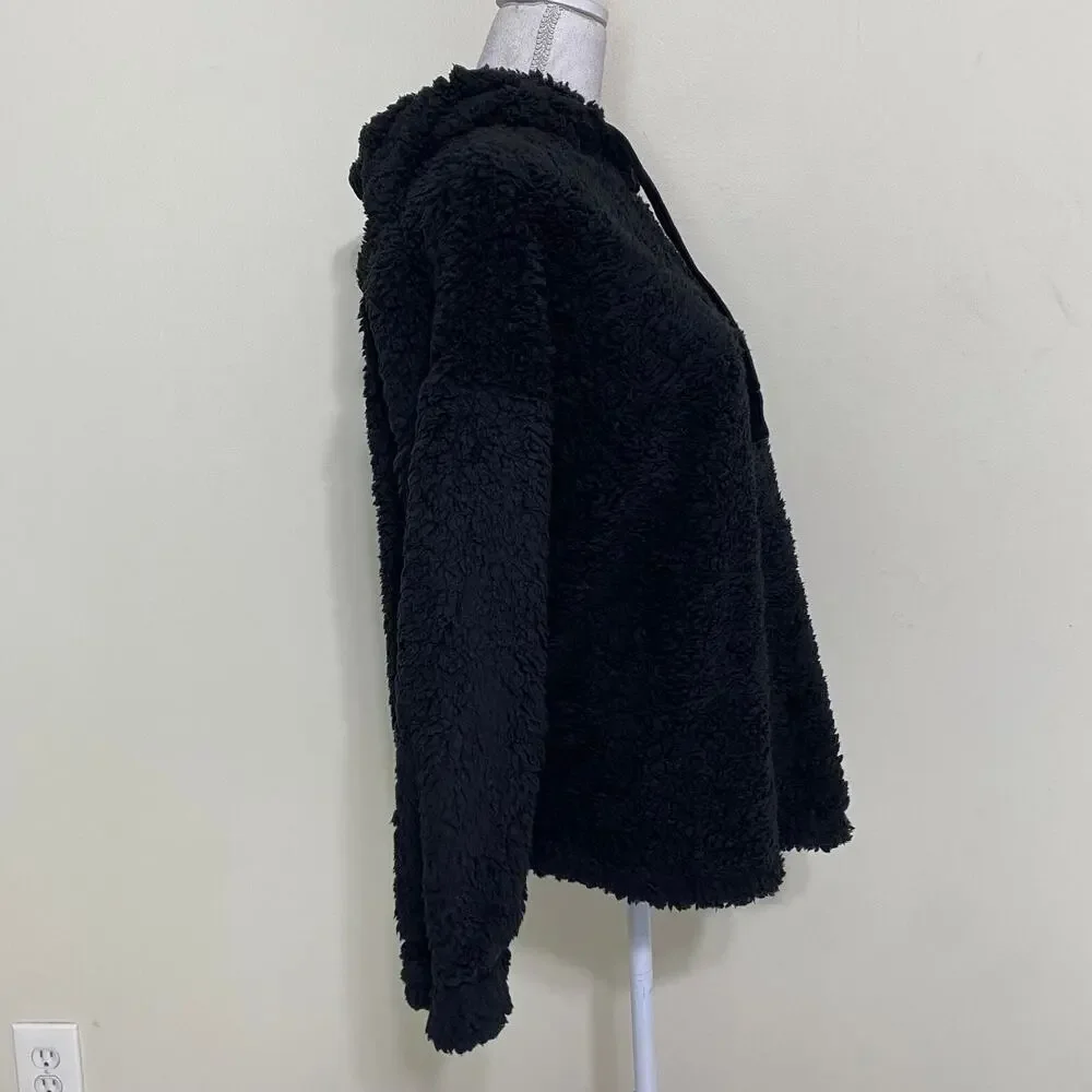 Active USA Fur Faux Hooded Jacket Womens Cozy Soft Sweater Black Large‎